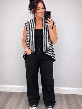 Mauve Black & White Striped Open Front Knit Sweater Vest Cardigan Size Large